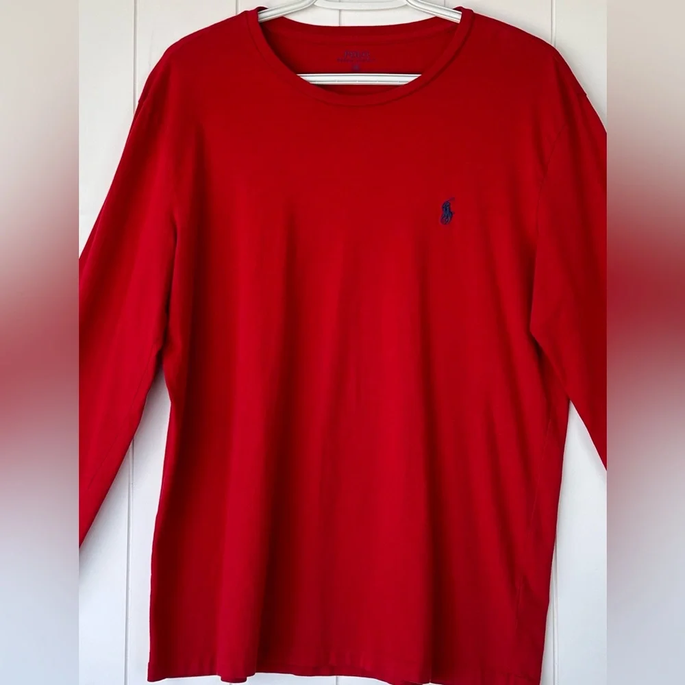 Polo Ralph Lauren Men’s Long Sleeved Tee Shirt Red with Navy Size Medium‎